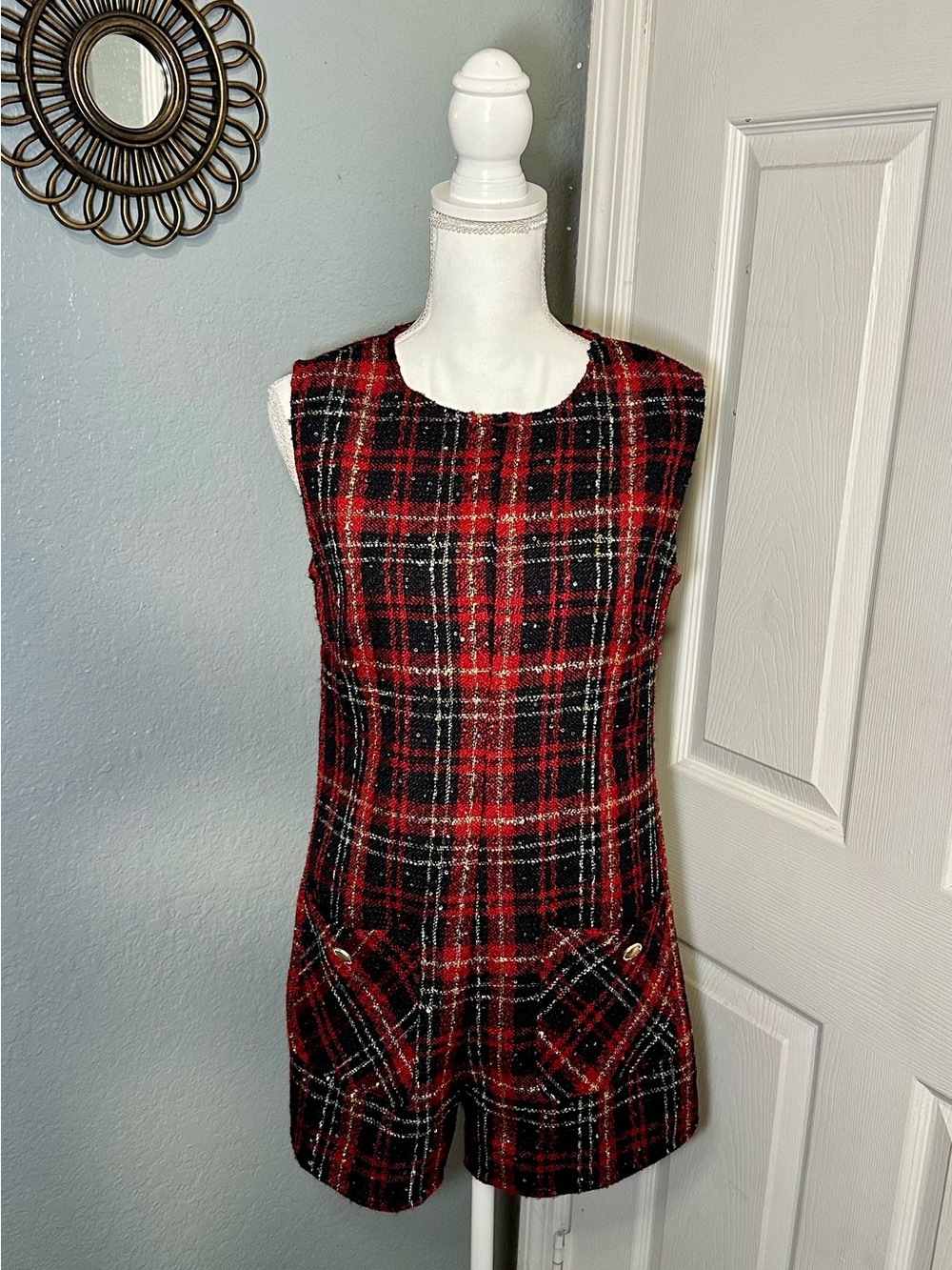 Day + Moon Sleeveless Red Plaid Tweed Romper